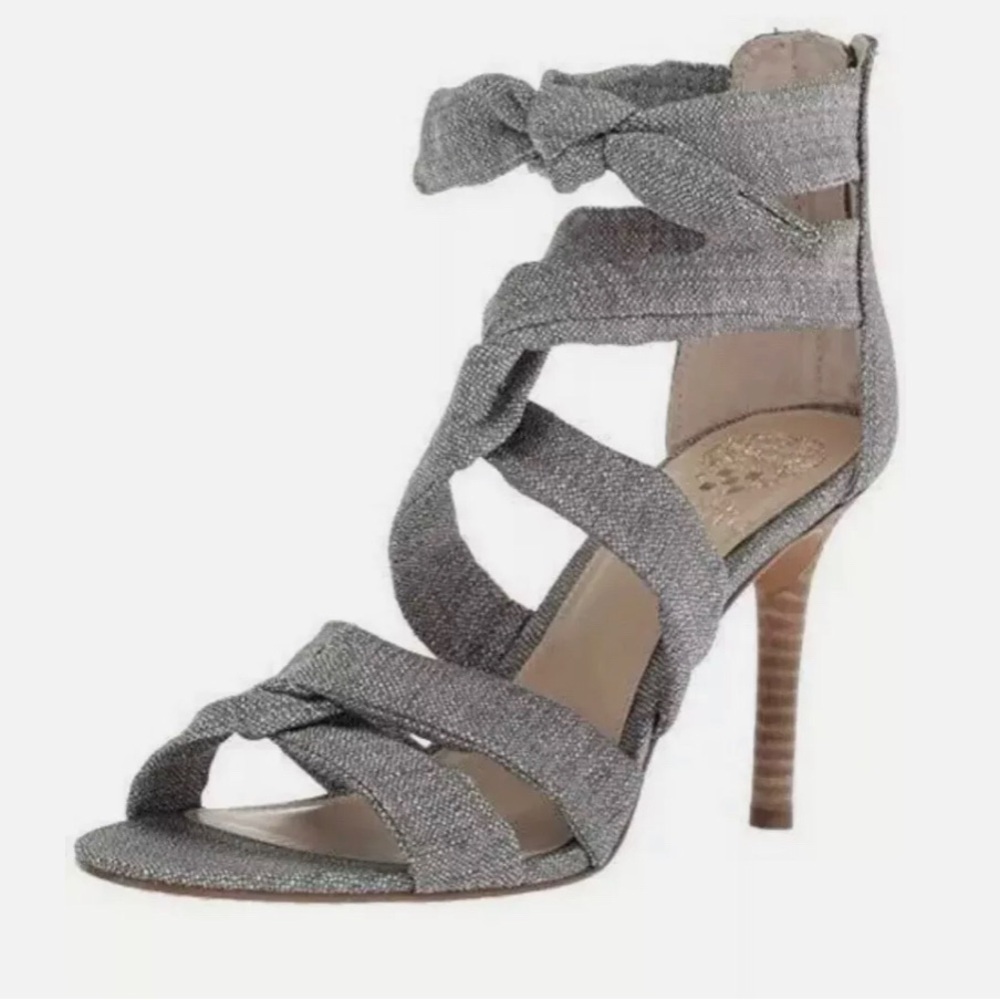 Vince Camuto Chania Gray Linen Twisted Strap Cutout Back Zip Heel Sandal 11M